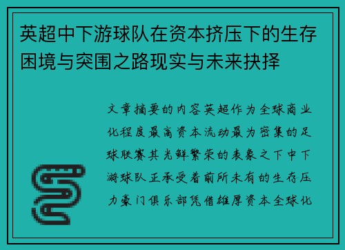 英超中下游球队在资本挤压下的生存困境与突围之路现实与未来抉择